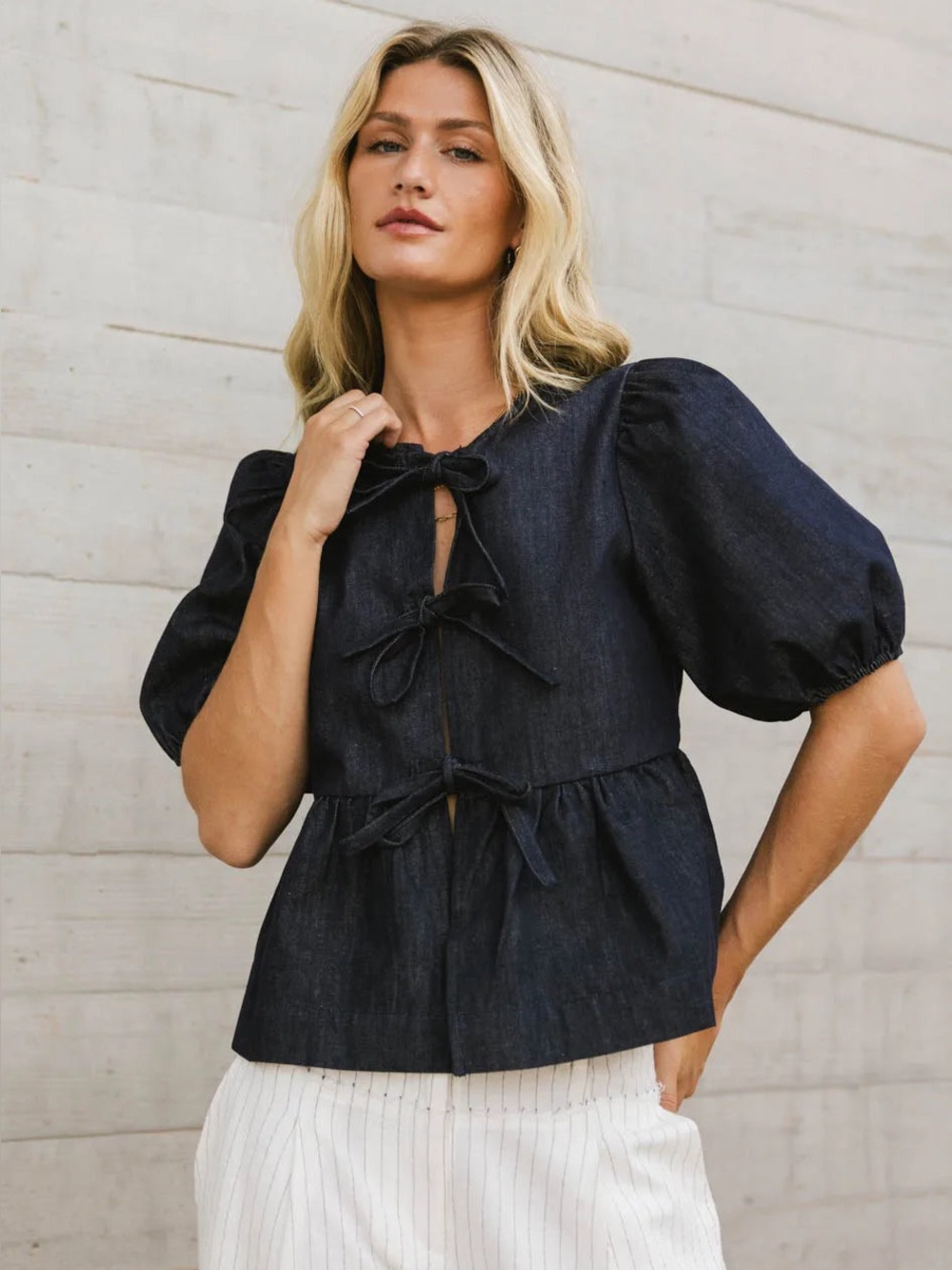 EUC Bohme Navy Chambray Peplum Bow Puff Sleeve Blouse Dark Wash